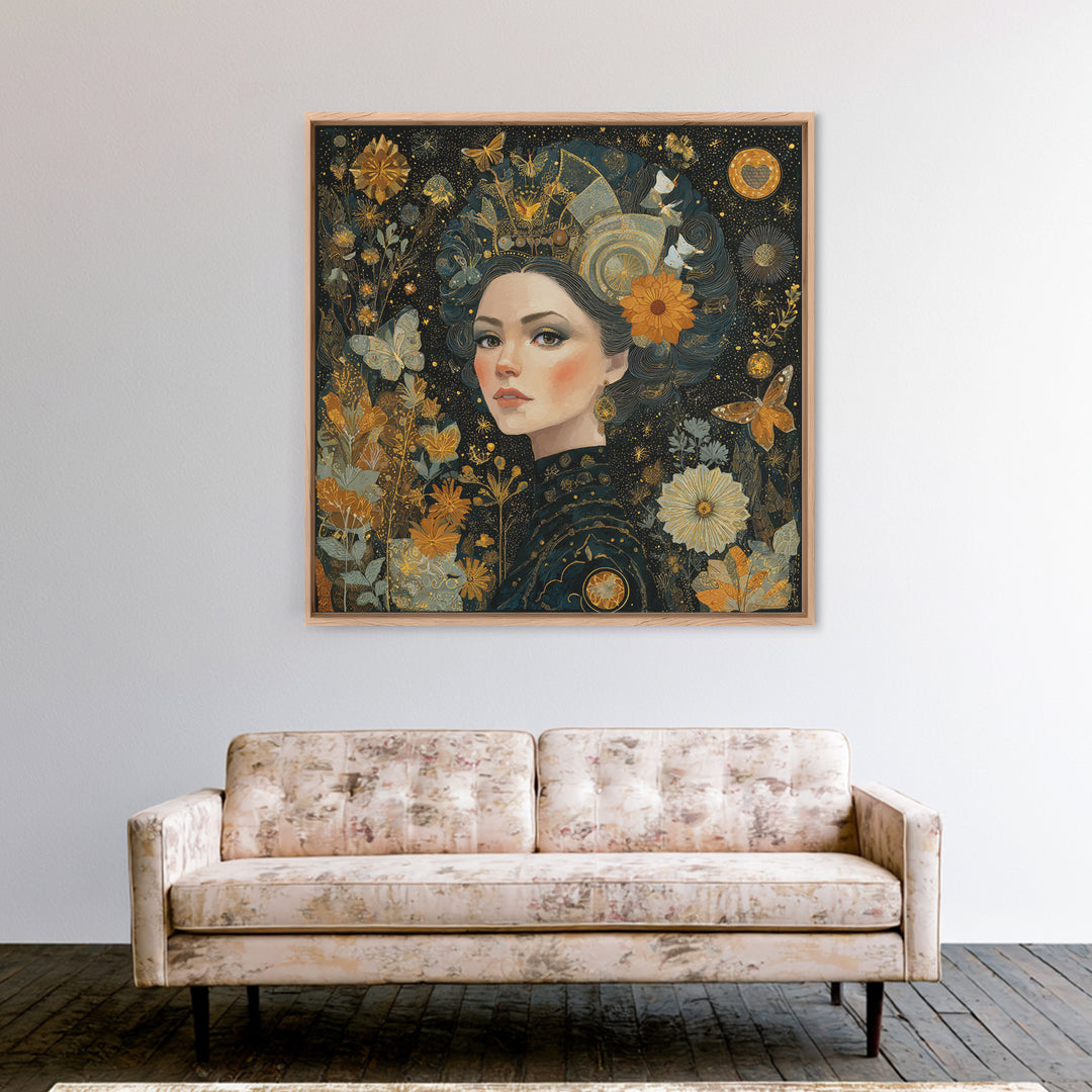 Art Nouveau Woman With Gold Flowers Canvas Print, Feminine Celestial Wall Art, Botanical Portrait Decor, Elegant Gift For Her