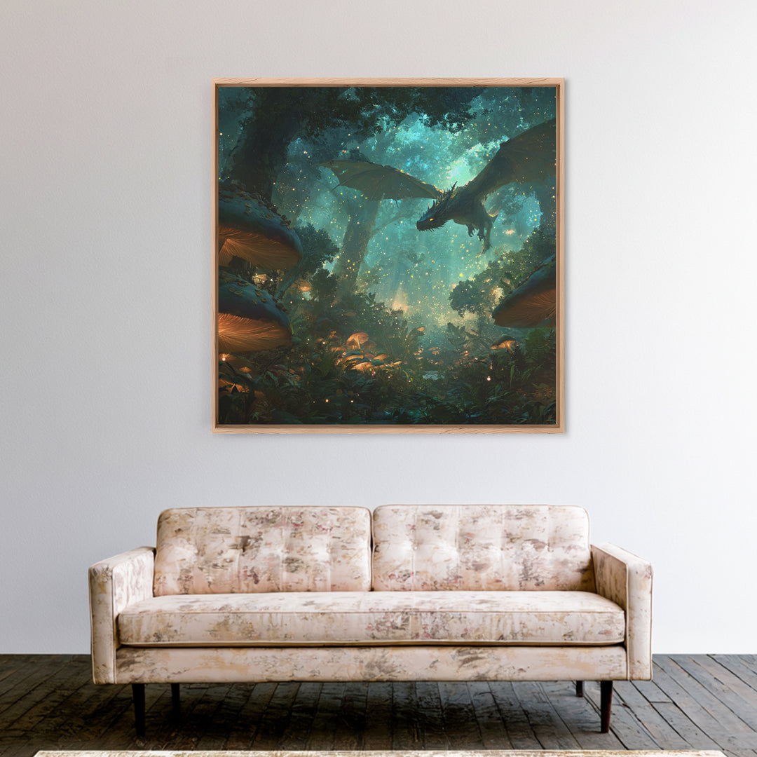 Enchanted Forest Dragon With Glowing Mushrooms Wall Art, Fantasy Canvas Print, Magical Woodland Decor, Gamer Room Decor Gift