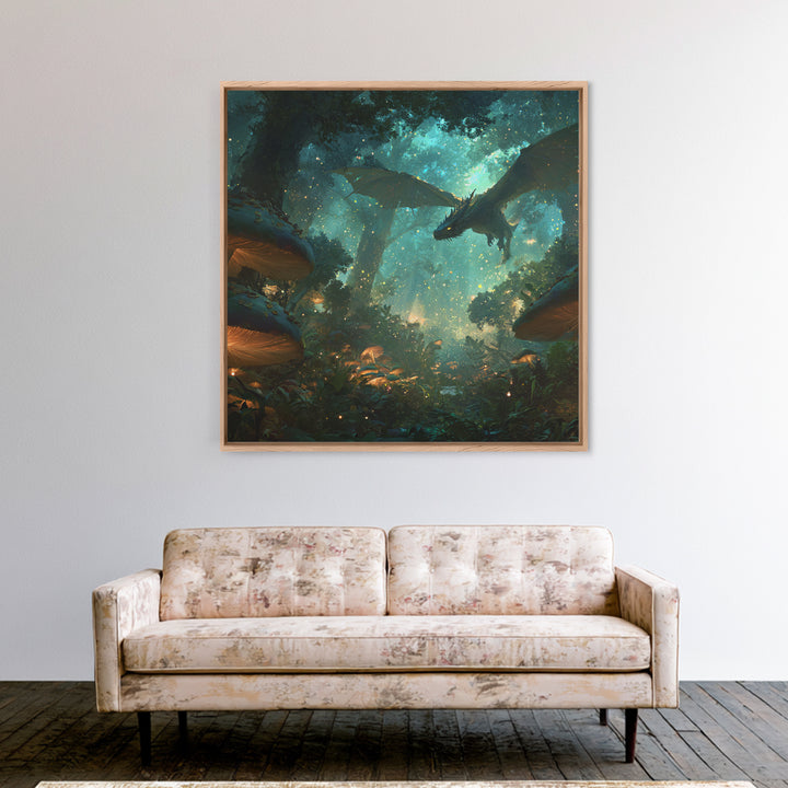 Enchanted Forest Dragon With Glowing Mushrooms Wall Art, Fantasy Canvas Print, Magical Woodland Decor, Gamer Room Decor Gift