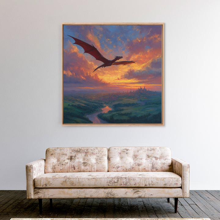 Red Dragon Flying Over Sunset Kingdom Canvas Print, Fantasy Landscape Wall Art, Castle Decor, Epic Gamer Room Gift For Him