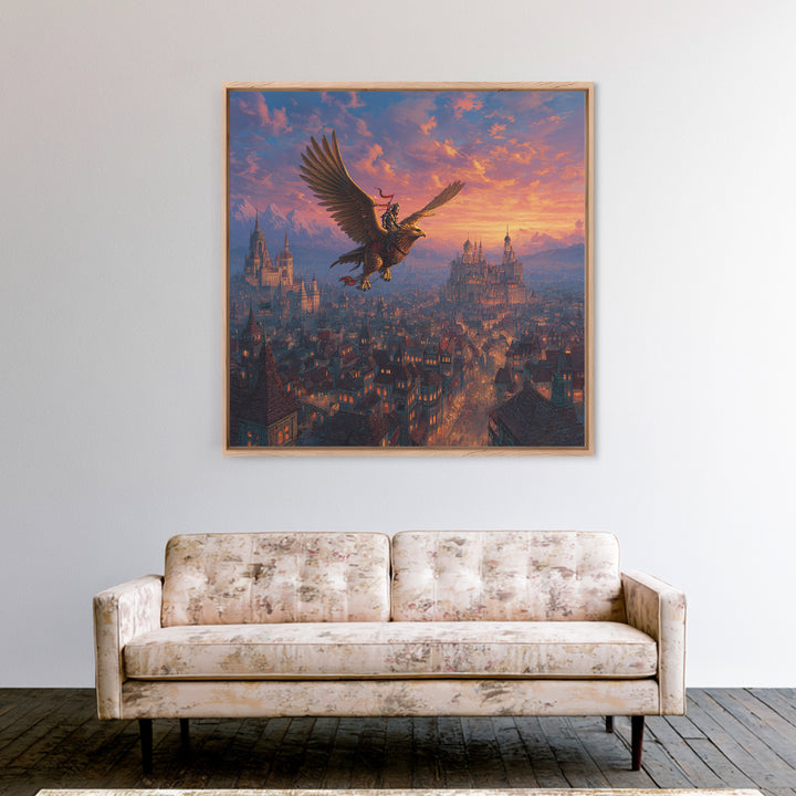 Warrior Riding Griffon Over Medieval City Framed Canvas Print, Fantasy Wall Art, Castle Landscape Decor, Epic Adventure Gift