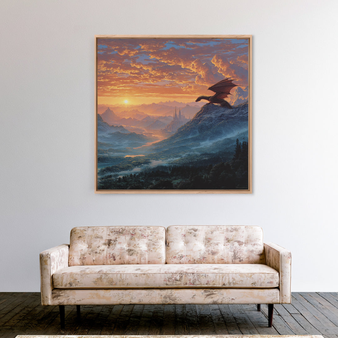 Mountain Dragon Watching Sunrise Kingdom Wall Art, Fantasy Landscape Canvas Print, Castle Decor, Epic Adventure Gift For Gamers