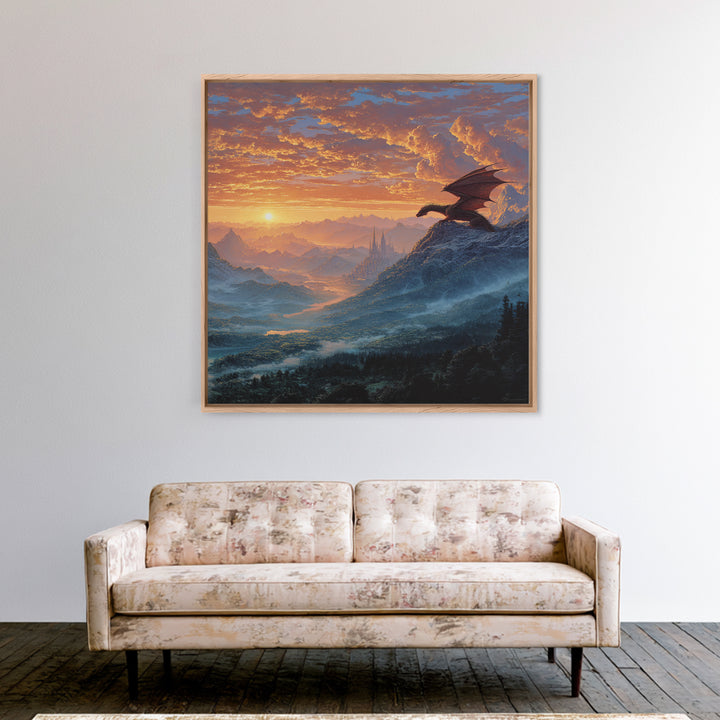 Mountain Dragon Watching Sunrise Kingdom Wall Art, Fantasy Landscape Canvas Print, Castle Decor, Epic Adventure Gift For Gamers