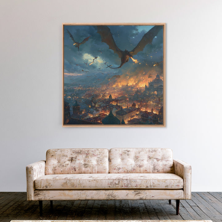 Fire Breathing Dragons Attacking Burning City Canvas Print, Dark Fantasy Wall Art, Medieval Battle Decor, Gamer Room Gift