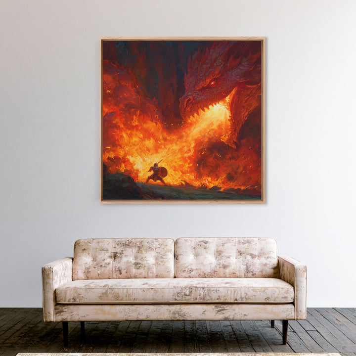 Red Dragon Breathing Fire At Brave Knight Wall Art, Dark Fantasy Canvas Print, Epic Medieval Battle Decor, Gamer Gift For Him