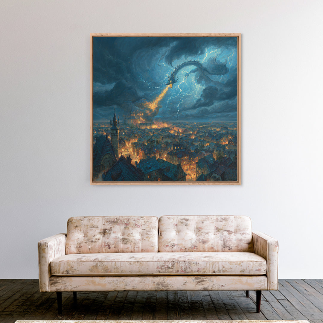 Lightning Dragon Over Stormy Medieval City Canvas Print, Dark Fantasy Wall Art, Dramatic Castle Decor, Gamer Room Gift For Him