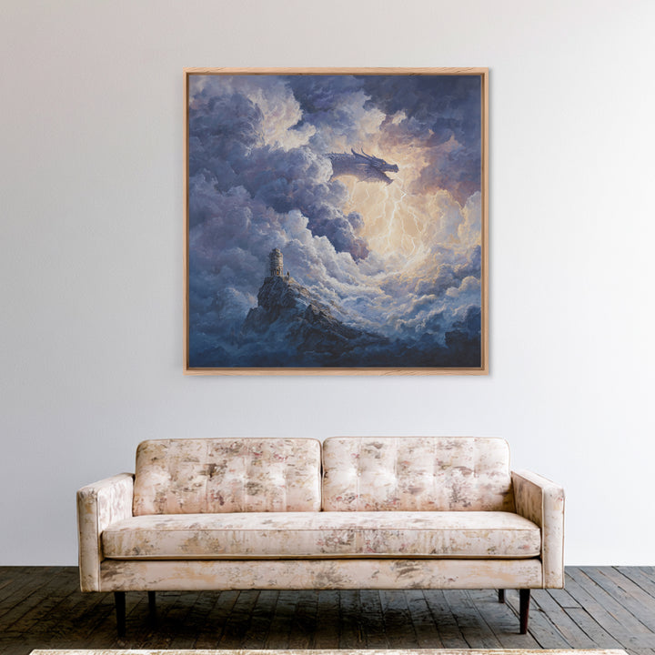 Storm Cloud Dragon With Lightning Above Lonely Tower Wall Art, Dark Fantasy Canvas Print, Gothic Castle Decor, Moody Art Gift