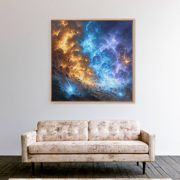 Blue And Gold Elemental Storm Battle Wall Art, Fantasy Canvas Print, Lightning Fire Landscape, Dramatic Gamer Room Decor
