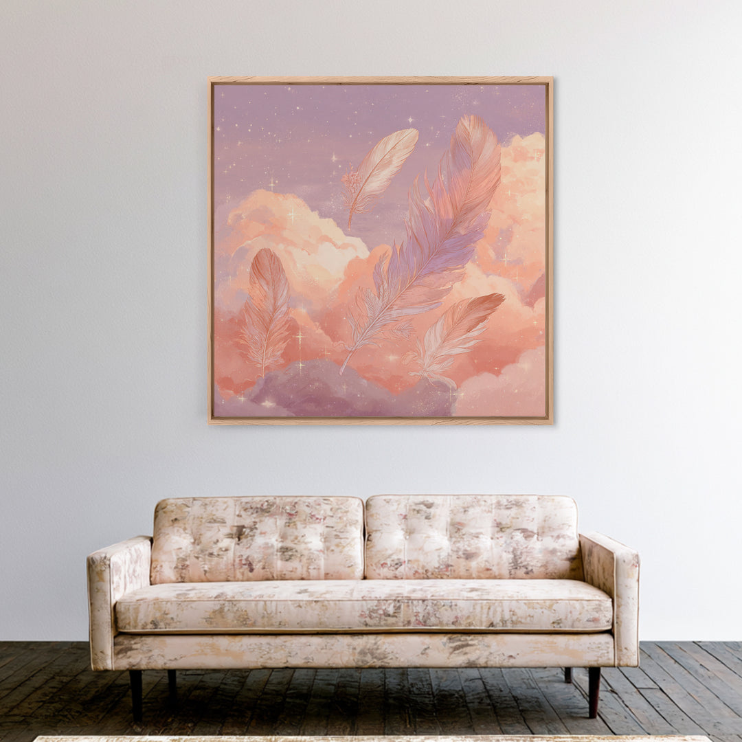 Pink Feathers Floating In Peach Clouds Canvas Print, Celestial Wall Decor, Dreamy Pastel Nursery Art, Whimsical Gift For Her