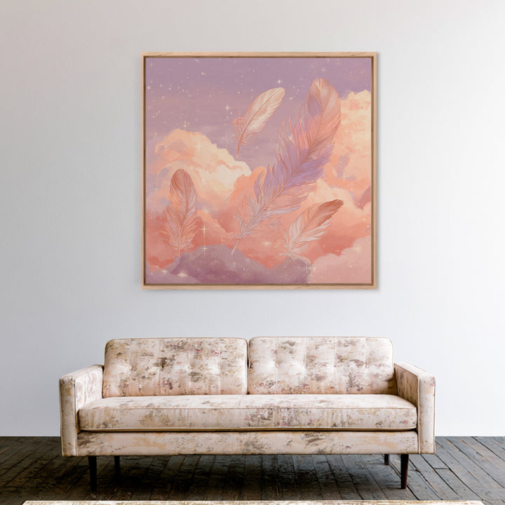 Pink Feathers Floating In Peach Clouds Canvas Print, Celestial Wall Decor, Dreamy Pastel Nursery Art, Whimsical Gift For Her