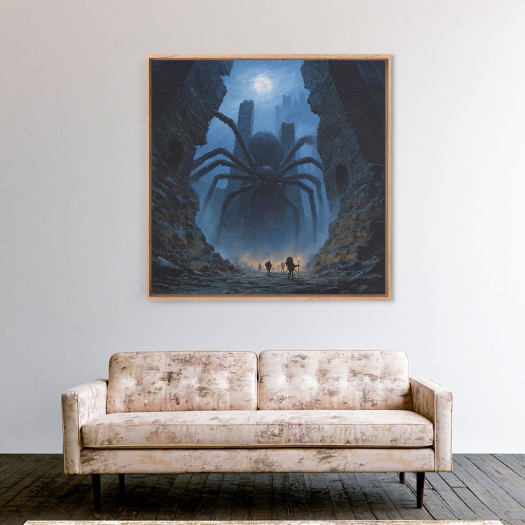 Giant Spider In Moonlit Ruins Wall Art, Dark Fantasy Canvas Print, Gothic Dungeon Decor, Creepy Adventure Gift For Gamers