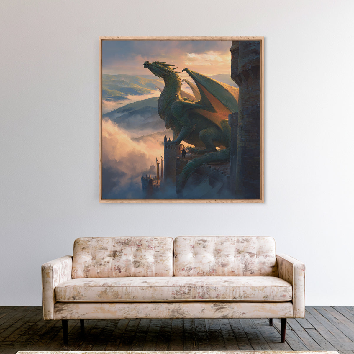 Majestic Dragon On Castle Tower Framed Canvas Print, Fantasy Wall Art, Mountain Landscape Decor, Medieval Adventure Gift