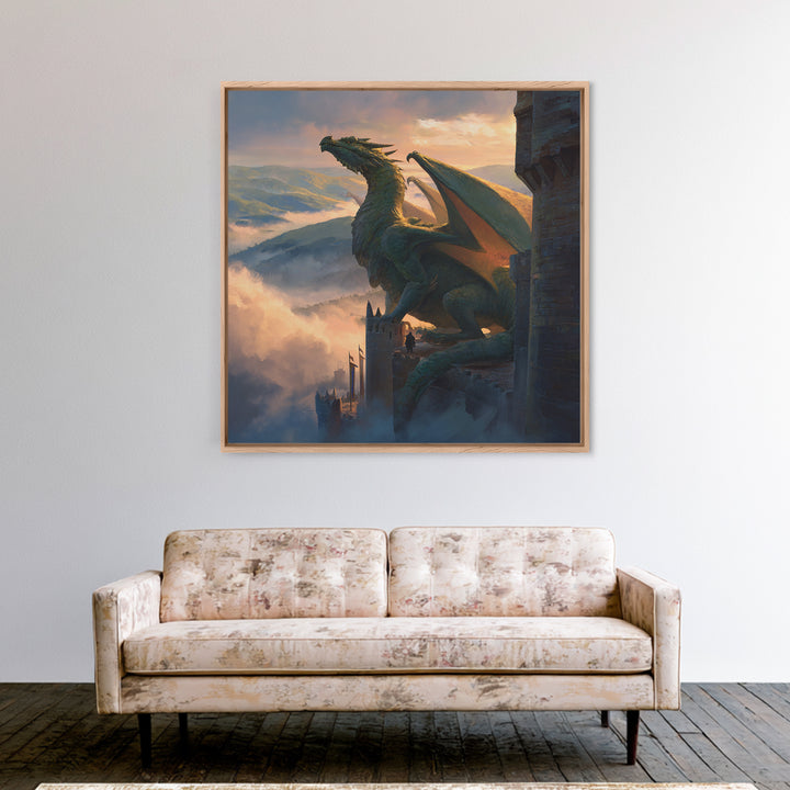 Majestic Dragon On Castle Tower Framed Canvas Print, Fantasy Wall Art, Mountain Landscape Decor, Medieval Adventure Gift