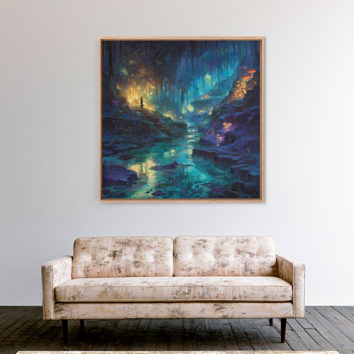 Glowing Crystal Cave River Wall Art, Fantasy Canvas Print, Bioluminescent Mushroom Decor, Magical Landscape Gift For Her