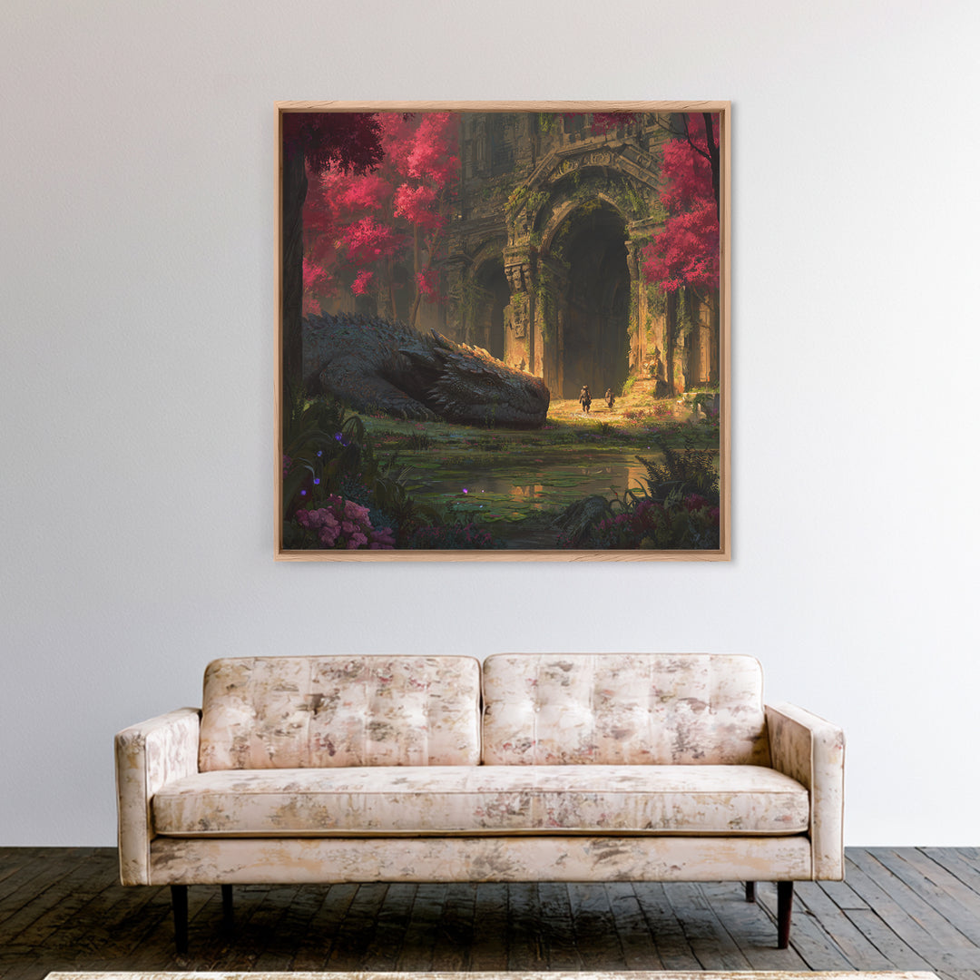 Sleeping Dragon In Crimson Forest Ruins Wall Art, Fantasy Canvas Print, Gothic Garden Decor, Mythical Adventure Gift For Her