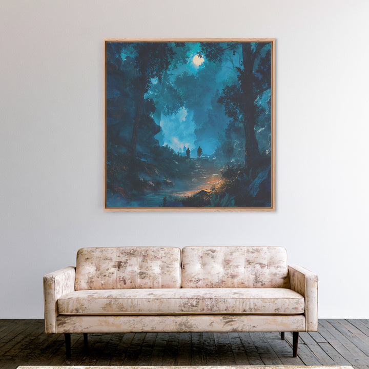 Moonlit Blue Forest Path Wall Art, Fantasy Canvas Print, Mystical Landscape Decor, Calming Adventure Gift For Nature Lovers