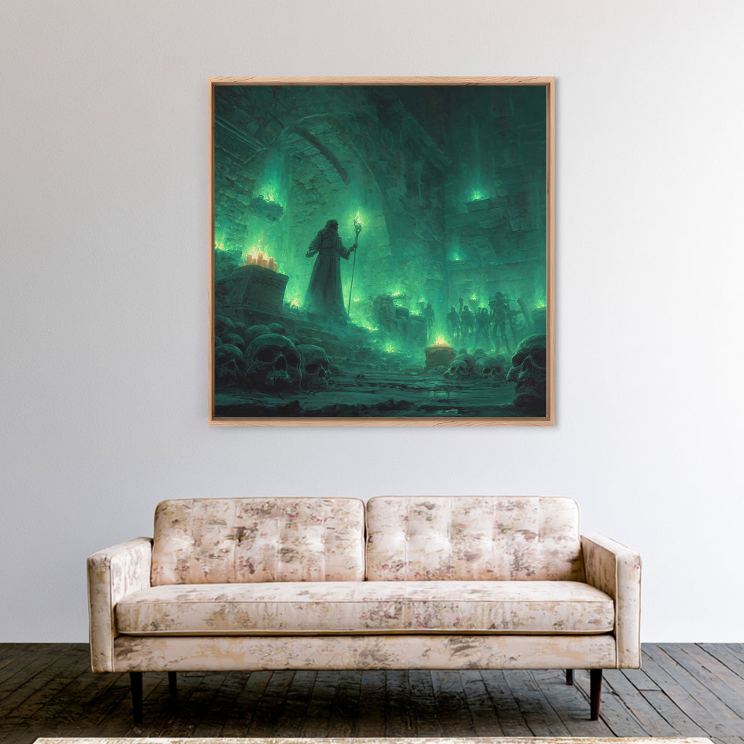 Necromancer Crypt With Skulls Wall Art, Dark Fantasy Canvas Print, Gothic Dungeon Decor, Witchy Occult Art Gift For Man Cave