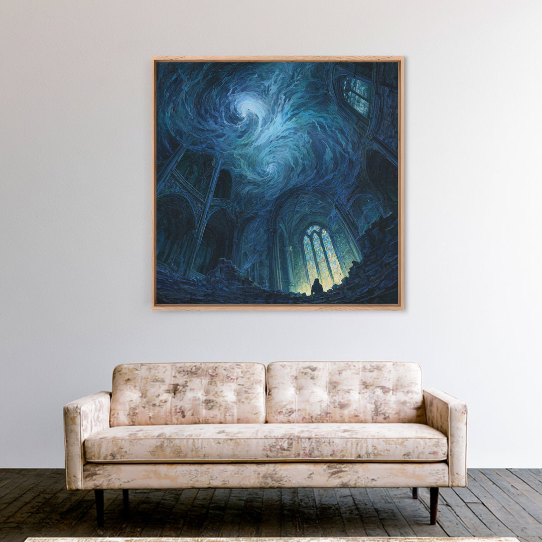 Swirling Starry Cathedral Ruins Wall Art, Gothic Canvas Print, Celestial Fantasy Decor, Moody Dark Academia Gift For Her