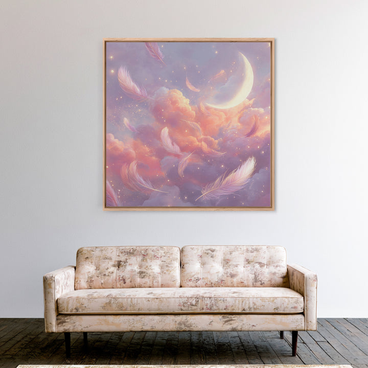 Crescent Moon And Floating Feathers Framed Canvas Print, Celestial Wall Art, Dreamy Cloud Decor, Pastel Nursery Gift For Her