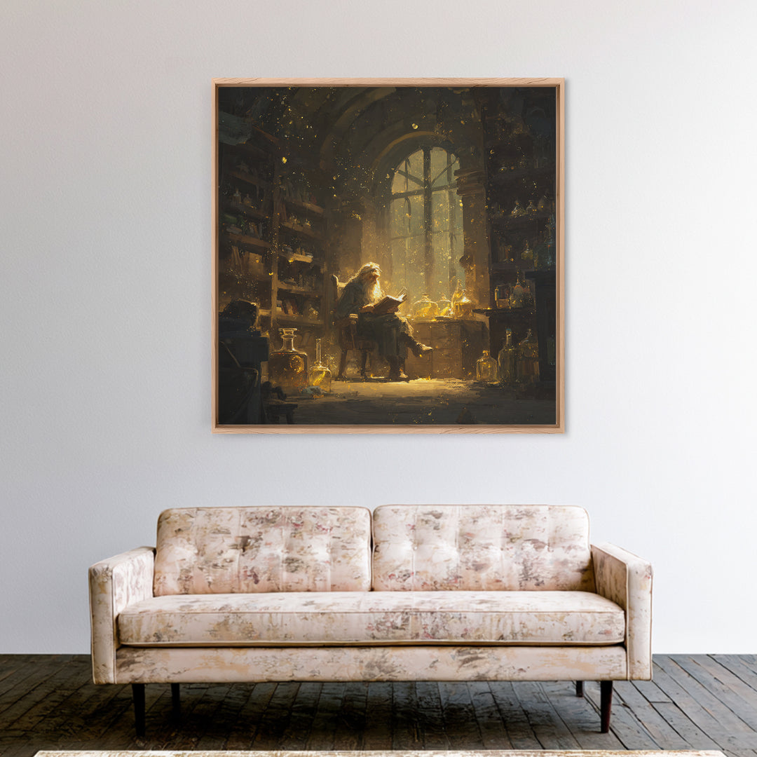 Wizard Reading In Golden Alchemy Library Wall Art, Dark Academia Fantasy Art Print, Magical Home Office Decor Gift For Readers