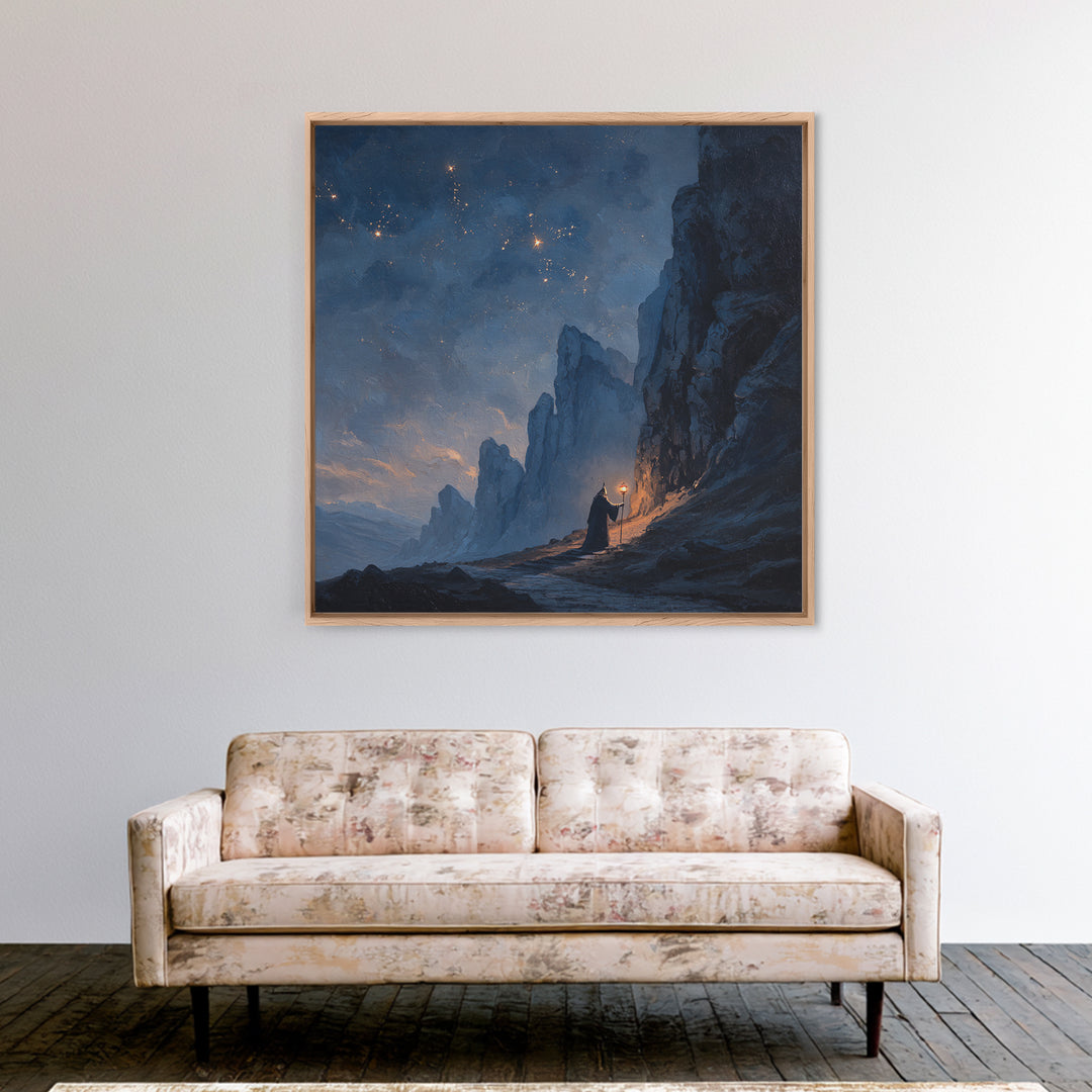Lone Wizard On Starlit Mountain Path Canvas Print, Moody Fantasy Landscape Art, Dark Academia Office Wall Decor For Study Room