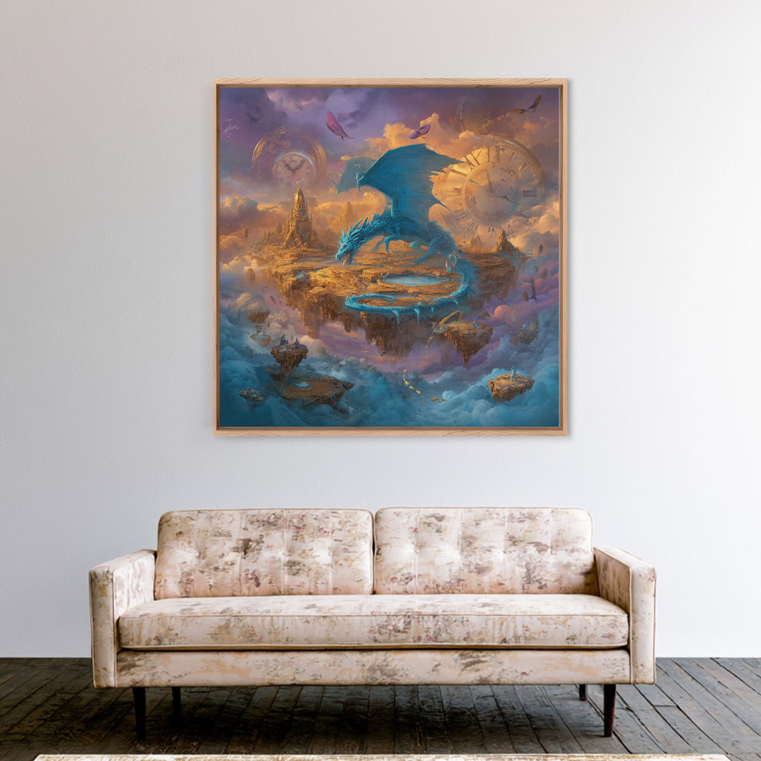 Blue Dragon Over Floating Clockwork Islands Wall Art, Epic Fantasy Canvas Print, Surreal Sky Castle Gaming Room Decor Gift