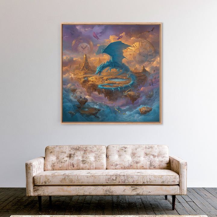 Blue Dragon Over Floating Clockwork Islands Wall Art, Epic Fantasy Canvas Print, Surreal Sky Castle Gaming Room Decor Gift