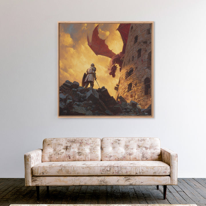 Knight Facing Red Dragon By Castle Tower Framed Canvas Print, Medieval Fantasy Wall Art, Epic Gaming Room Decor Gift For Him