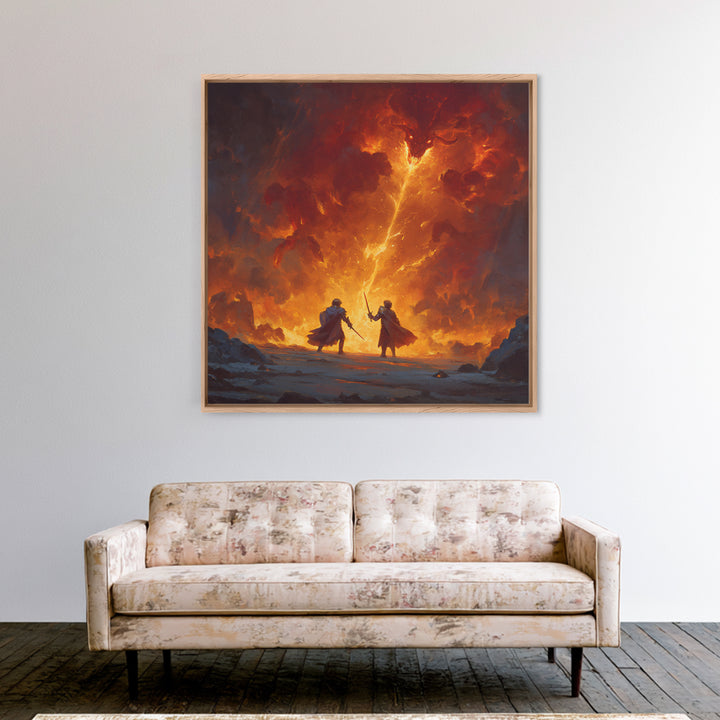 Heroes Battling Fire Demon In Inferno Wall Art, Dark Fantasy Canvas Print, Epic Dungeons And Dragons Gaming Room Decor Gift