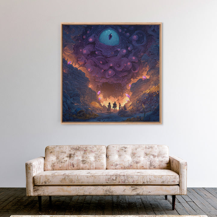 Adventurers Beneath Giant Cosmic Eye Canvas Print, Surreal Dark Fantasy Wall Art, Dungeon Cave Gaming Room Decor Gift For Him