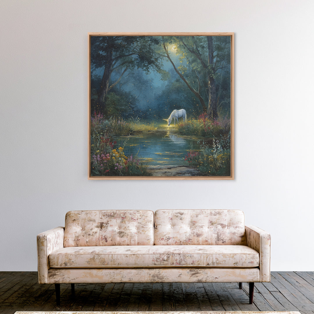 White Unicorn By Moonlit Forest Stream Wall Art, Enchanted Woodland Fantasy Canvas Print, Dreamy Nursery Decor Gift For Kids Room