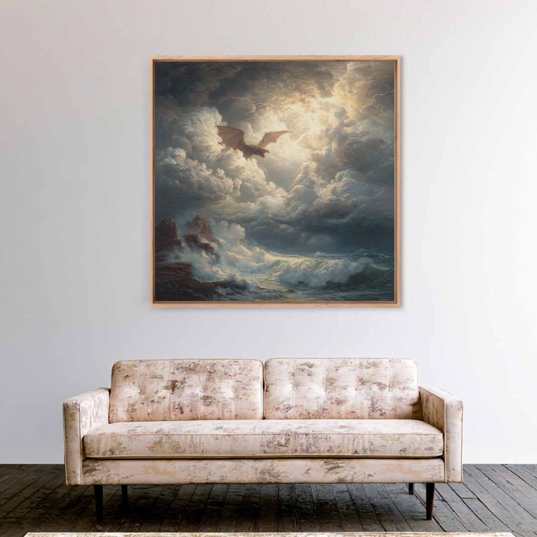 Dragon Flying Through Lightning Storm Over Ocean Wall Art, Dark Fantasy Seascape Canvas Print, Nautical Gothic Decor Gift