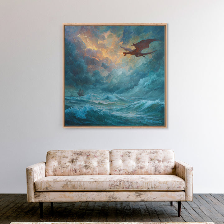 Red Dragon Soaring Above Stormy Ocean Canvas Print, Epic Fantasy Seascape Wall Art, Gothic Nautical Living Room Decor Gift