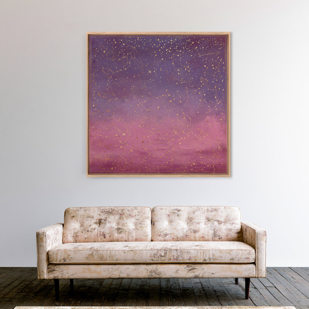Golden Zodiac Constellation Sky Wall Art, Astrology Poster, Celestial Wall Decor, Mystical Purple Bedroom Art Print Gift