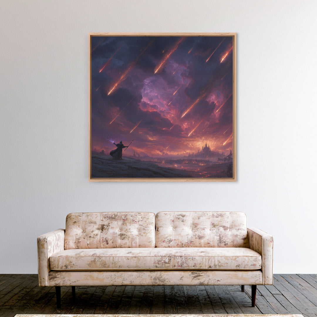 Meteor Storm Wizard Fantasy Wall Art, Dark Castle Canvas Print, Apocalyptic Sky, Gothic Gaming Room Decor, Unique Gift For Him