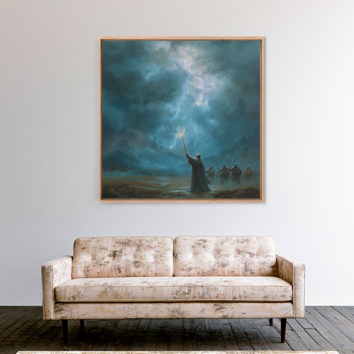 Storm Wizard Raising Lightning Wall Art, Epic Fantasy Canvas Print, Blue Mountain Battle Scene, Dark Academia Office Decor