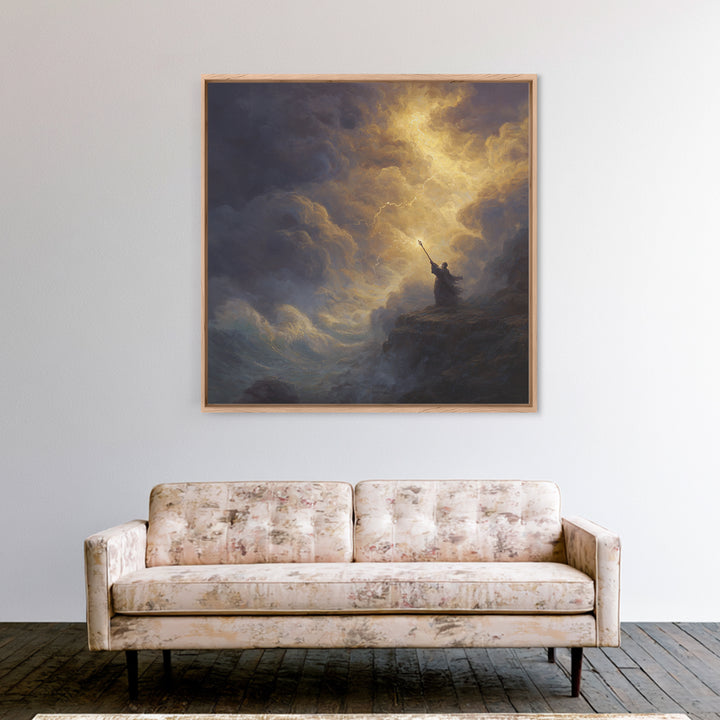 Golden Lightning Wizard Seascape Wall Art, Stormy Ocean Framed Canvas Print, Mythological Fantasy Decor, Moody Fine Art Gift
