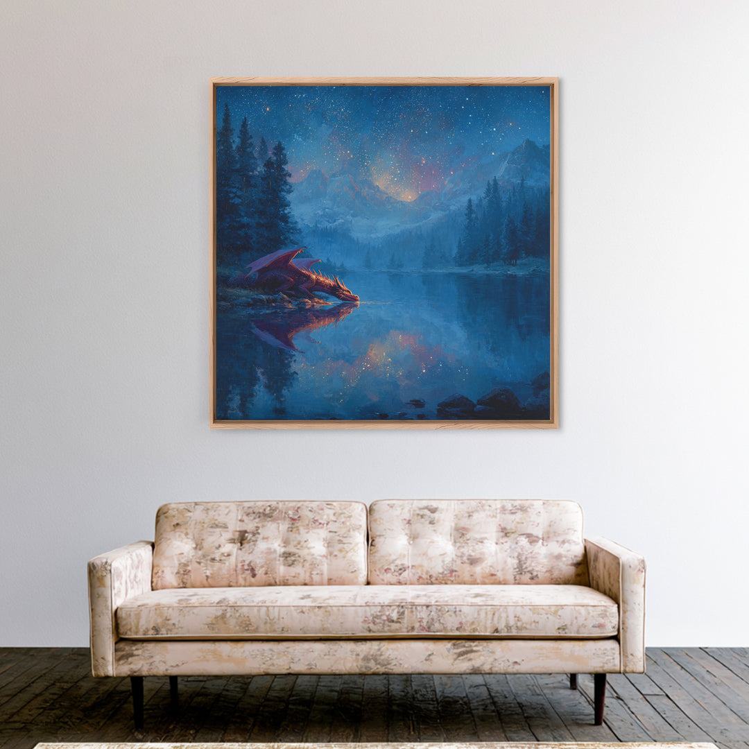Starlit Dragon Lake Fantasy Wall Art, Blue Mountain Canvas Print, Celestial Nursery Decor, Magical Kids Room Art Gift For Dragon Lovers