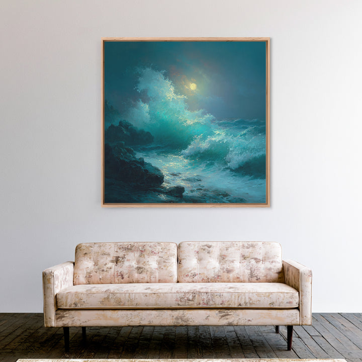 Moonlit Turquoise Wave Seascape Wall Art, Ocean Canvas Print, Coastal Bathroom Decor, Nautical Living Room Art Gift For Beach House
