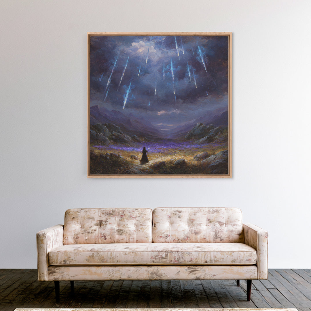 Icy Meteor Valley Wizard Wall Art, Dark Fantasy Framed Canvas Print, Mountain Landscape Decor, Gothic Office Art Gift For Him