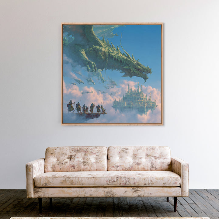 Giant Dragon Over Sky Castle Wall Art, Epic Fantasy Canvas Print, Floating Kingdom Decor, Gaming Room Statement Artwork Gift
