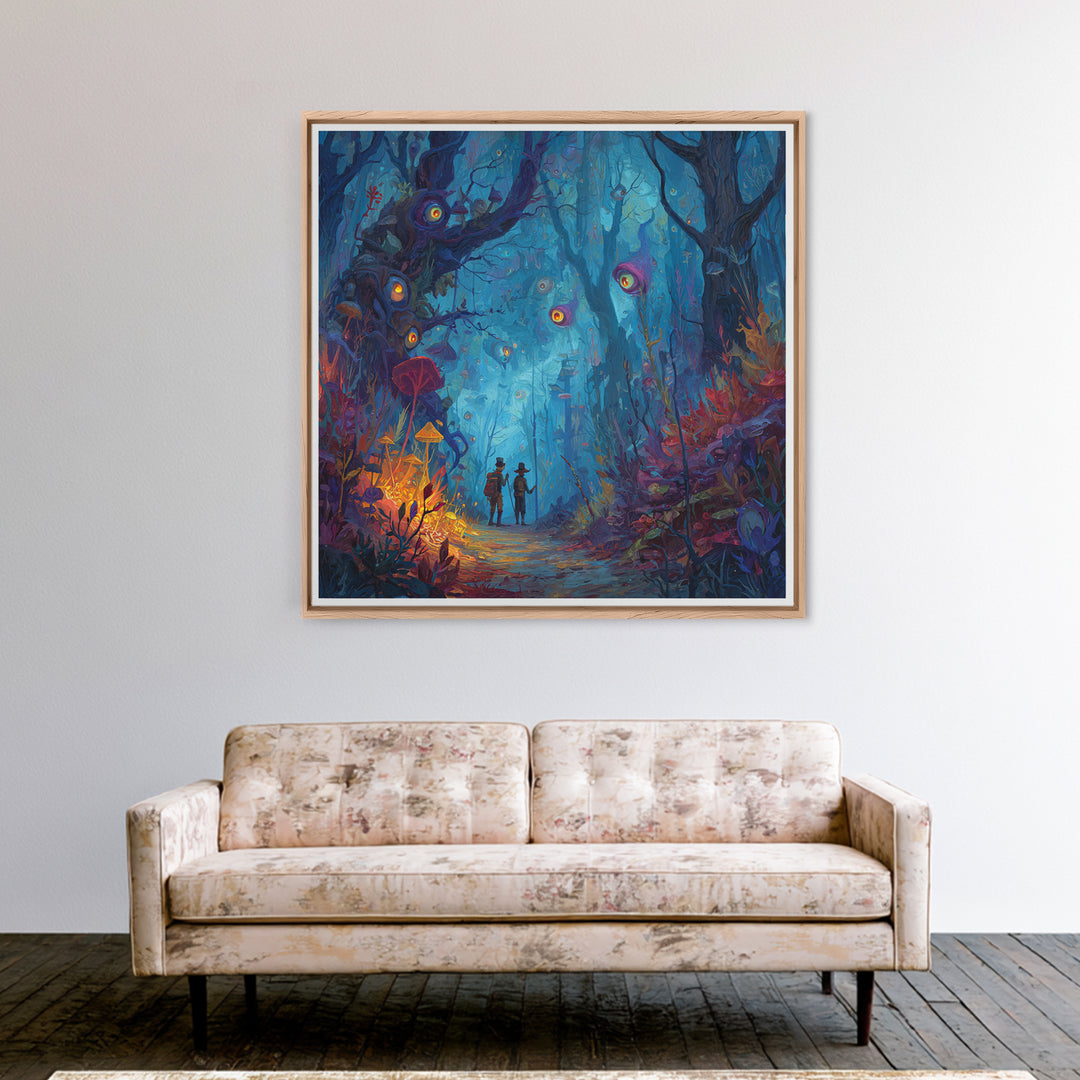 Glowing Eyed Enchanted Forest Wall Art, Whimsical Fantasy Canvas Print, Mushroom Kids Room Decor, Magical Nursery Gift For Her