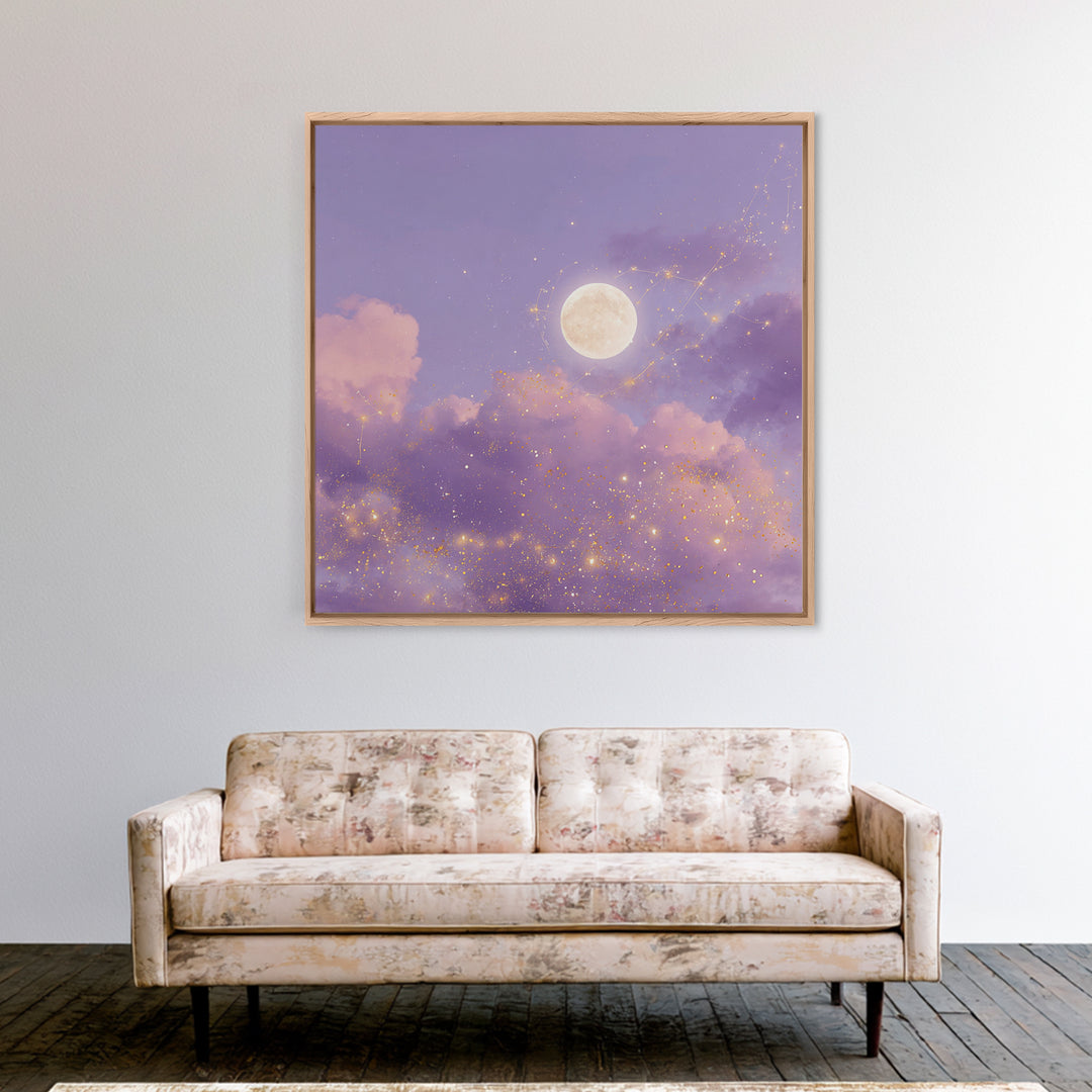 Full Moon With Golden Constellations Wall Art, Celestial Canvas Print, Purple Cloud Decor, Mystical Bedroom Gift For Her