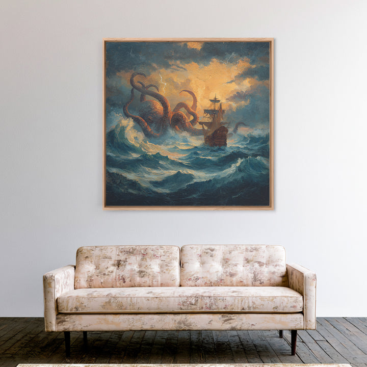 Storm Kraken And Tall Ship In Tempest Seas Canvas Print, Nautical Fantasy Wall Art, Ocean Monster Decor, Gift For Him, Coastal Home Decor