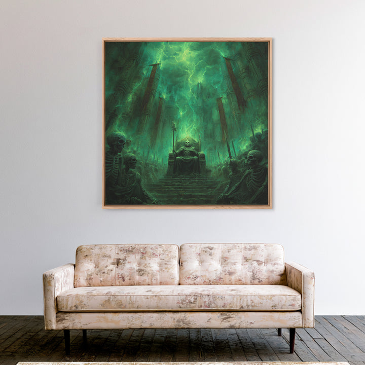 Emerald Necromancer Throne With Skeleton Army Framed Canvas Print, Gothic Wall Art, Dark Fantasy Decor, Occult Office Art
