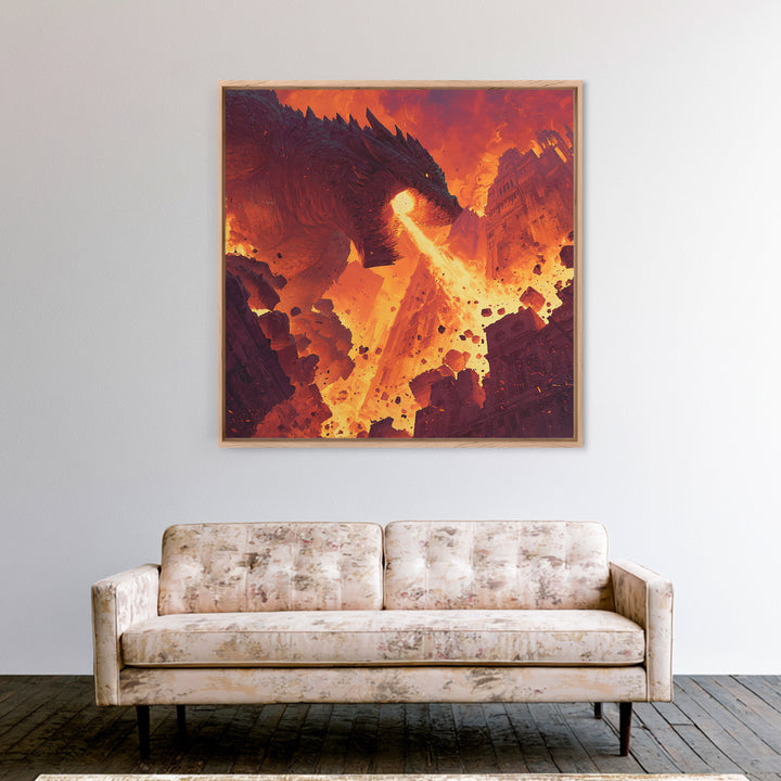 Fire Breathing Dragon Over Ruined City Canvas Print, Epic Fantasy Wall Art, Dystopian Decor, Gaming Room Statement Art, Gift For Him