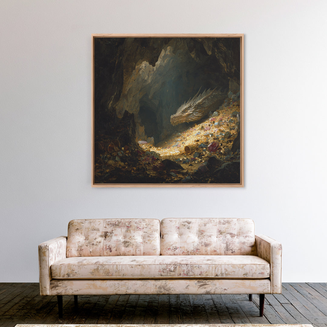 Sleeping Dragon On Glittering Treasure Hoard Canvas Print, Fantasy Wall Art, Cave Decor, Mythical Creature Gift For Him, Unique Home Decor