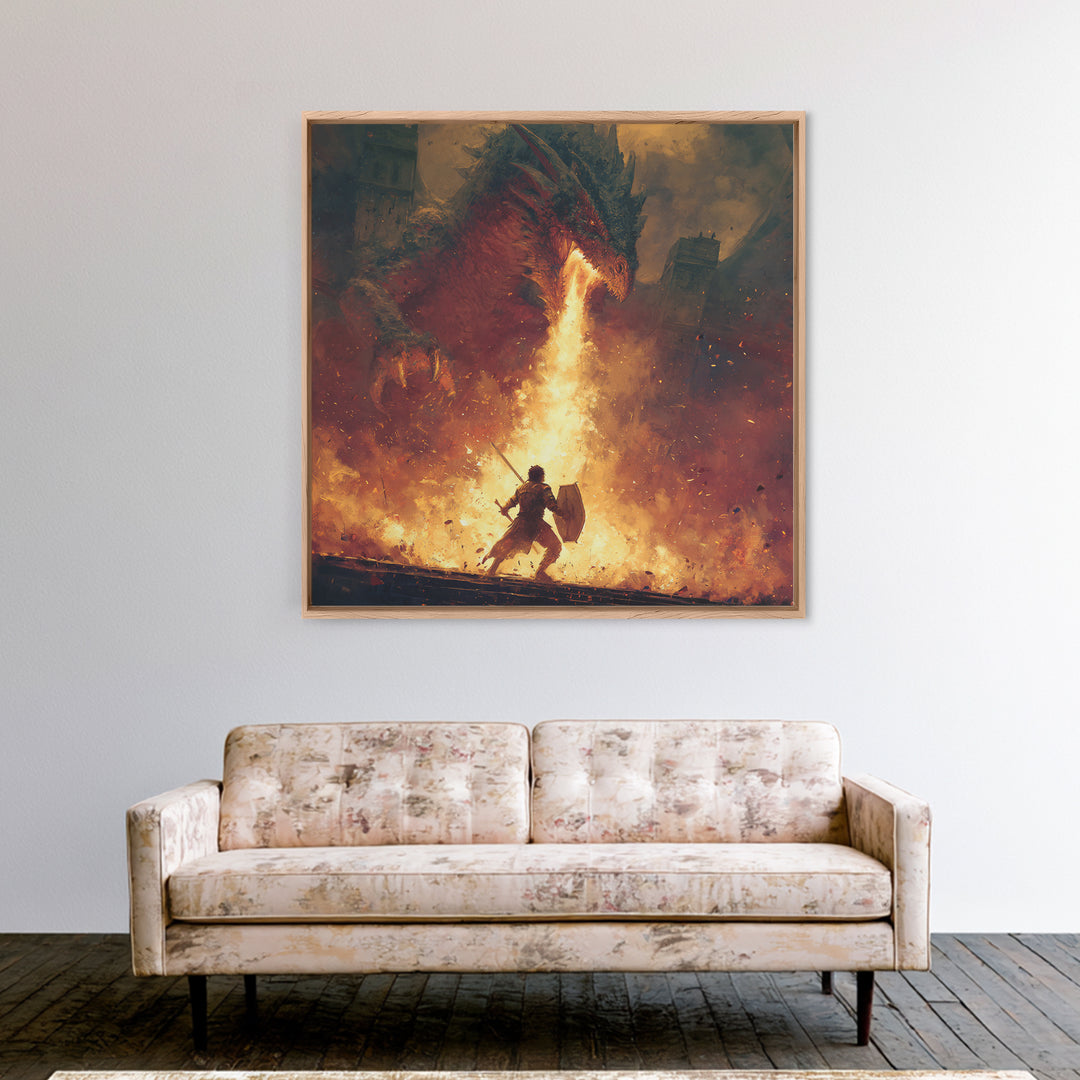 Warrior Facing Fire Breathing Dragon Framed Canvas Print, Epic Fantasy Wall Art, Hero Battle Decor, Gaming Room Gift For Him, Large Art