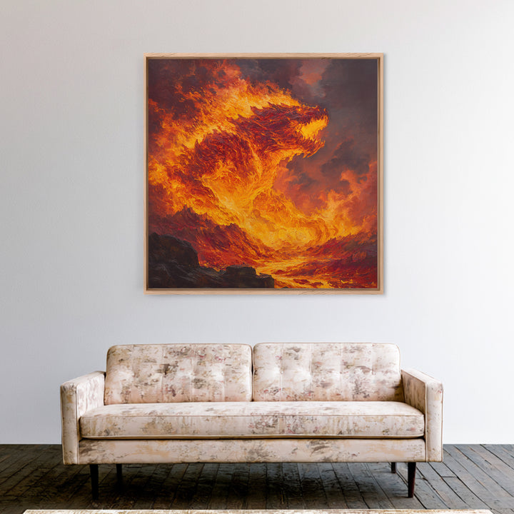 Blazing Fire Dragon Rising From Lava Canvas Print, Fantasy Wall Art, Orange Statement Artwork, Dark Fantasy Home Decor, Gift For Him