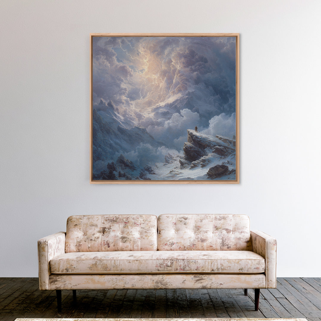 Lone Explorer On Snowy Mountain Storm Canvas Print, Winter Landscape Wall Art, Moody Nature Decor, Adventure Gift For Him